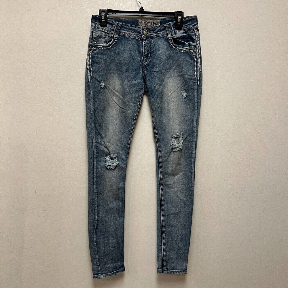Apollo Jeans Size 5/6 Med Wash Womens Distressed Embroidered Embellished